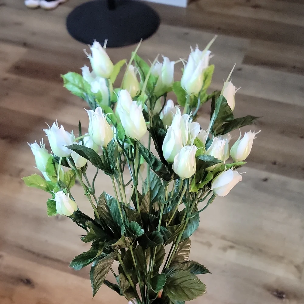 1 Dozen White Rose Buds W/ Green Faux Floral Accent Arrangement